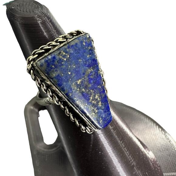 Lapis lazuli triangle semi-precious gemstone ring sterling silver plated 8 - Picture 3 of 6